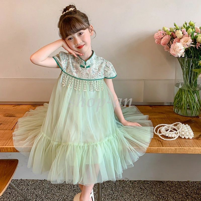【値下げ！】キッズ ドレス 子供 ワンピース 夏服 ガールズ 洋服 ジュニア チュールスカート フレンチスリーブ キュート ナチュラル オシャレ 可愛い チャイナ風 半袖 膝丈 ミモレ丈 お出掛け
