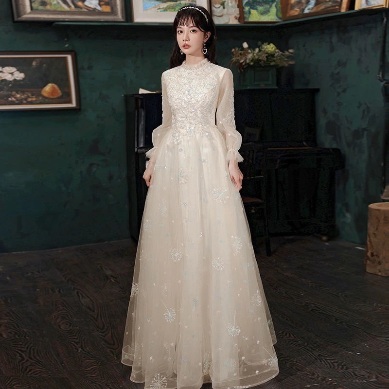 妖精のイブニング ドレスの女性 2025 シャンパン長袖エレガントで高貴な気質宴会芸術試験ホスト 母の日 母の日-0007716