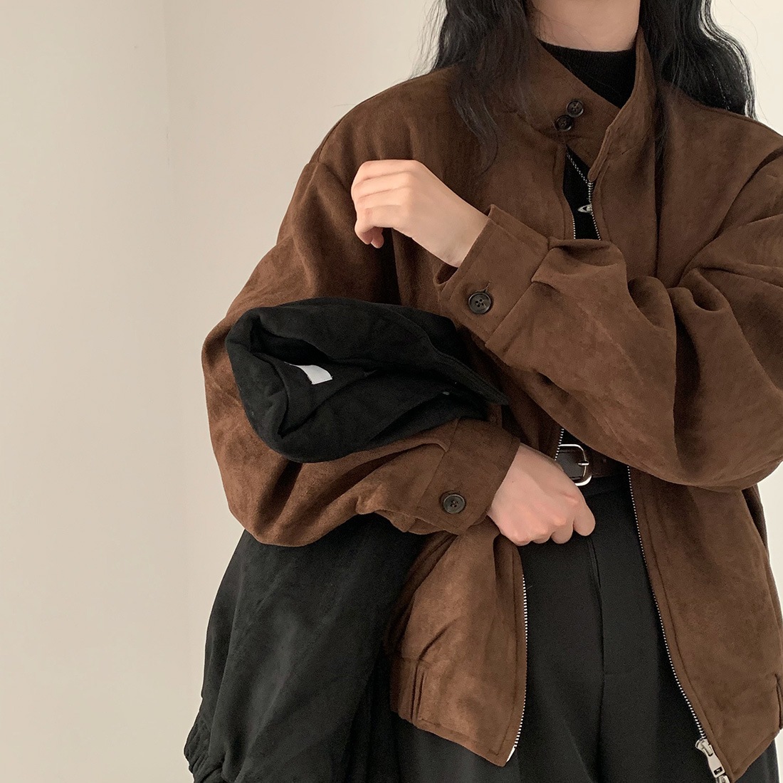 韓国ファッション レディース ライダースジャケット 冬アウター ディアスキン・ベルベット ダブルジップコート ジャケット