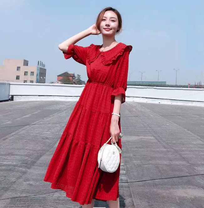 シフォンワンピース ロング ロング丈 袖あり 長袖 襟付き ドールカラー Aライン シフォン フリル