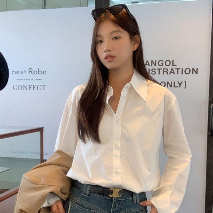 白 シャツ レディース 長袖 アウター ゆったり フレンチ ミドル丈 細見え シャツ トップス レディース おしゃれ55272