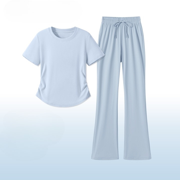 2点セット セットアップ 上下セット 半袖 ラウンドネック プルオーバー ショート丈 ロングパンツ ウエストゴム ルームウエア 部屋着 可愛い かわいい 大人可愛い きれいめ シンプル 上品 レトロ