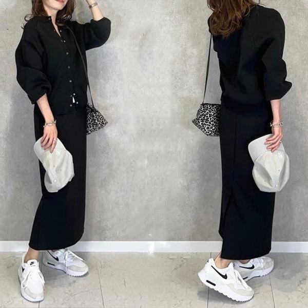 【人気沸騰】 ラウンドネックボタンカーディガン＋ストレートスカートワンピースセット