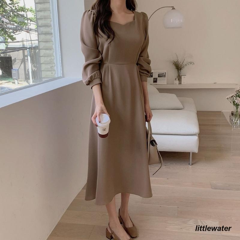 即納ありワンピース レディース 40代 50代 きれいめ 春 秋 無地 スクエアネック 長袖 パフスリーブ ロング丈 Aライン