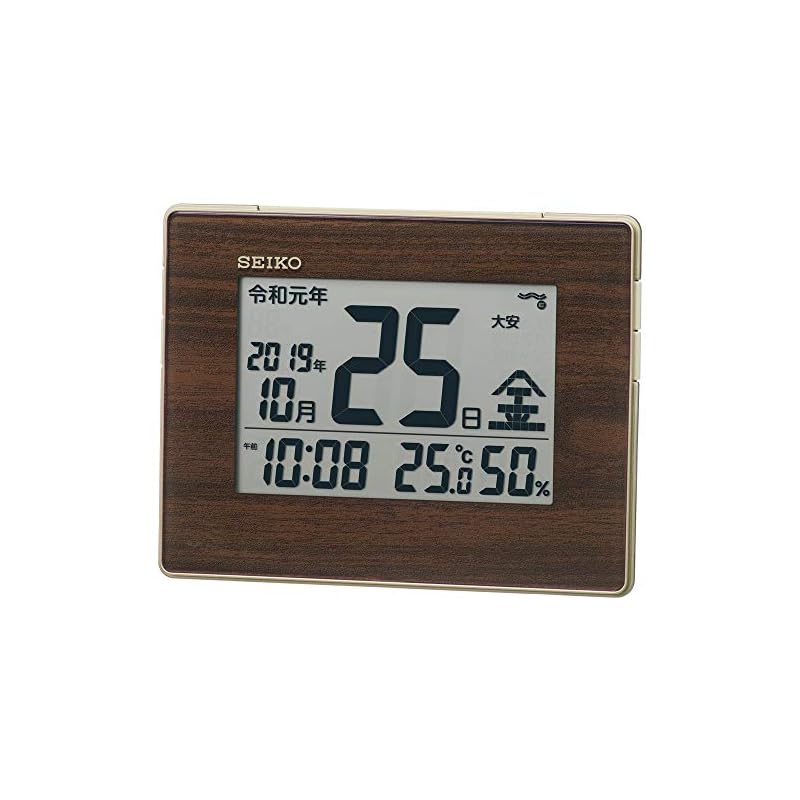 即納：セイコークロック(Seiko Clock) 掛け時計 置き時計 目覚まし時計 ナチュラル 電波 デジタル カレンダー 温度湿度表示 新元号表示 薄金色パール 本体サイズ: 12.7×16.5×2