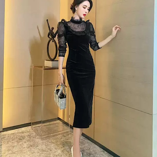 【取寄：納期2週間】結婚式ドレス レース スリム 長袖 高級感 リッチ ベルベット 発表会 演奏会 レディース 結婚式 ステージ衣装 ミモレ丈 エレガント ウエディングドレス スリット入り 細身