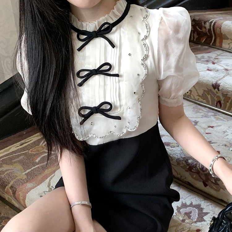 お嬢様 リボン本 ラインストーン付き パフスリーブ ワンピース