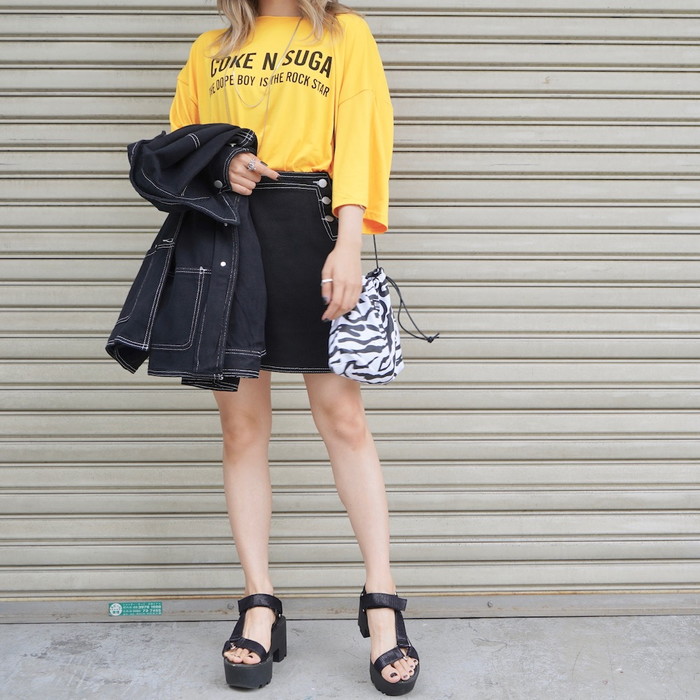 White Stitch Black Denim Jacket&Skirt 2P SETUP A,D,G レディース