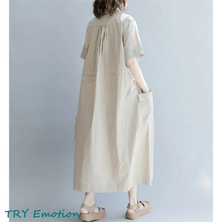 シャツワンピース ワンピース 春 夏 レディース ロングワンピース 半袖 ロング丈 カジュアル風 着回し 体型カバー 無地 着痩せ 30代 40代 50代