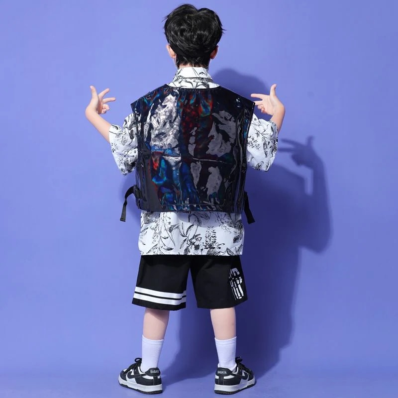 子供の街のダンスのファッション服の男の子の明るい黒い馬甲の夏の演出服のスーツの子供のヒップホップのhiphopの演出服