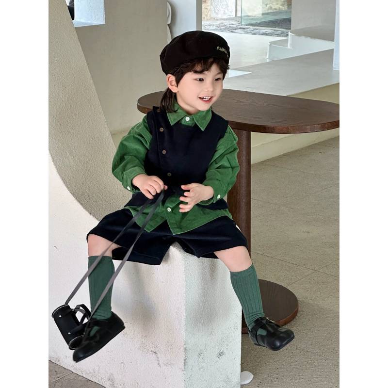 ベストドレスシャツスーツ2024春と秋の新しい男の子ベストツーピースグリーンシャツジャケットトレンド