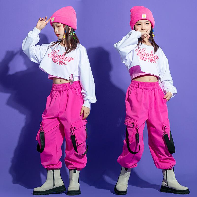 キッズ 衣装 ヒッ 子供 トップス へそ出し 長袖 白 ロングパンツ セットアップ 女の子 ジャズダンス ステージ衣装 原宿系 おしゃれ チア チアダ