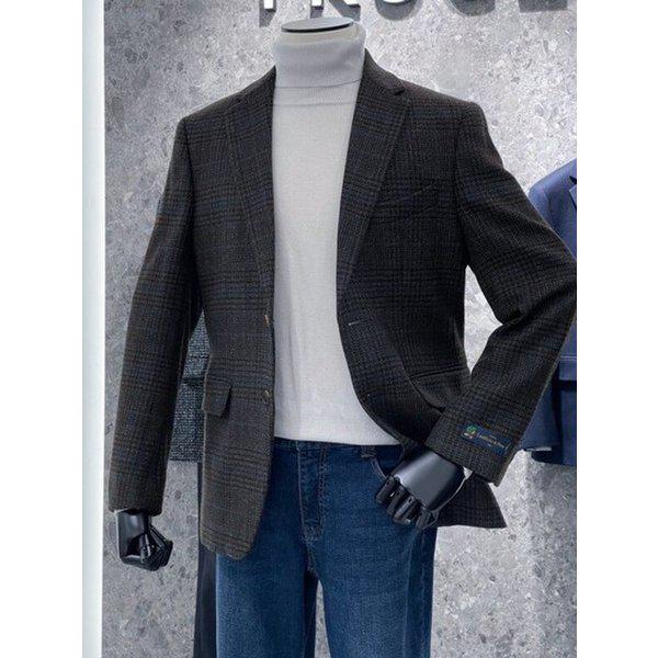 [DI PRAY] イタリア輸入ウール+カシミアブラウンチェック スパンコンビ カジュアルメンズジャケット