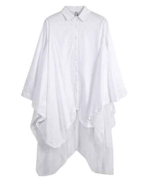 レディース ワンピース シャツワンピ イレギュラーヘムスカート アシンメトリー 長袖 萌袖 襟付き 角襟 ワイド フリル メッシュ おしゃれ かっこいい ルーズ 個性的 クール モード系 エレガント