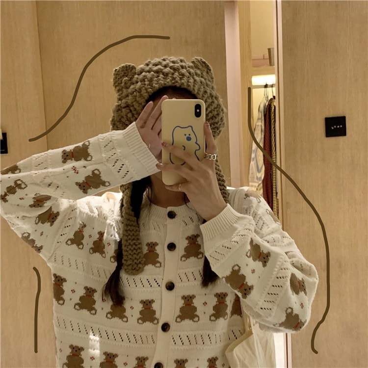 アウターの新しいスタイルの韓国のins女性のかわいいクマと遊び心のあるニットのセーターコートの女性 楽天市場 直営店