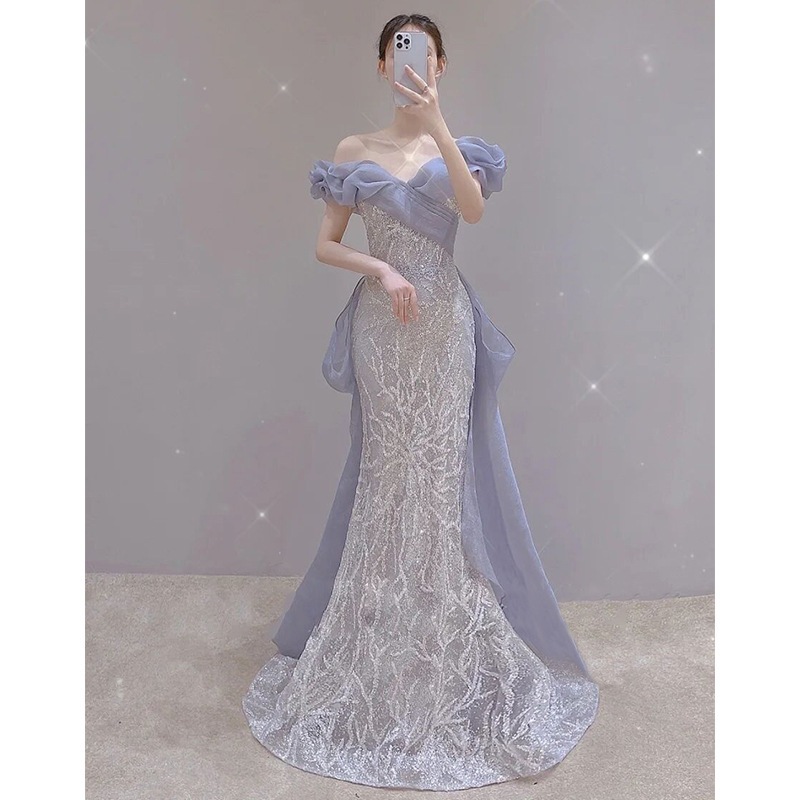 二次会 新年会 忘年会 結婚式 披露宴 フィッシュテールイブニングドレス 誕生日会 同窓会 2026 最新 パーティードレス 春のワンショルダースパンコール装飾のエレガントな花嫁用ドレス