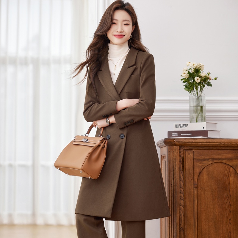 2点セットロング丈ブレザー スーツ秋冬パンツスーツ2点セット着痩せ 高級感 通勤OL