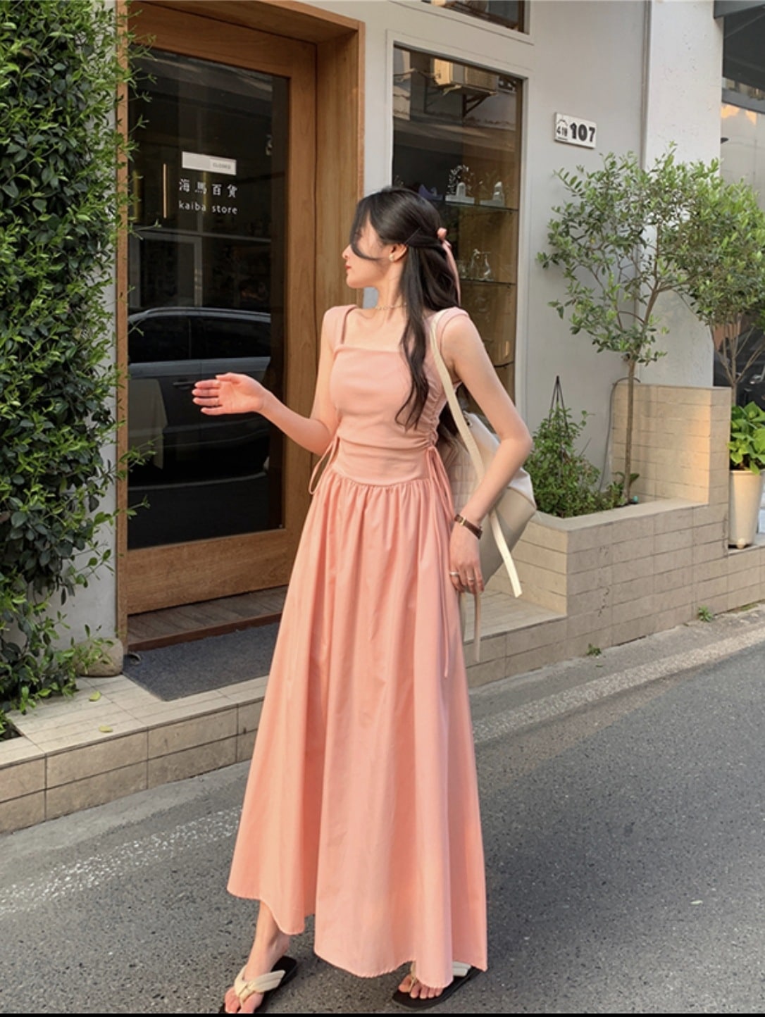 個性的 春 服 夏 服 ワンピース ワンピドレス キャミワンピ ロジスワンピ ロング アンクル 袖なし ノースリーブ スクエアネック フレア セミフレア Aライン リボン サイド 横 ウエス