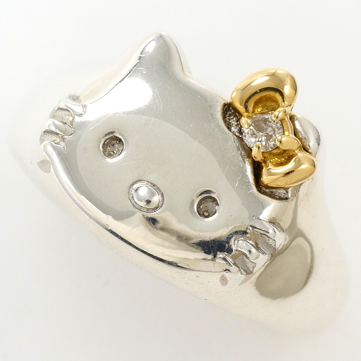 サンリオ ハローキティ K18 18金 YG イエローゴールド シルバー リング・指輪 9.5号 ダイヤモンド 0.03 ct 総重量約7.5g ジュエリー 中古