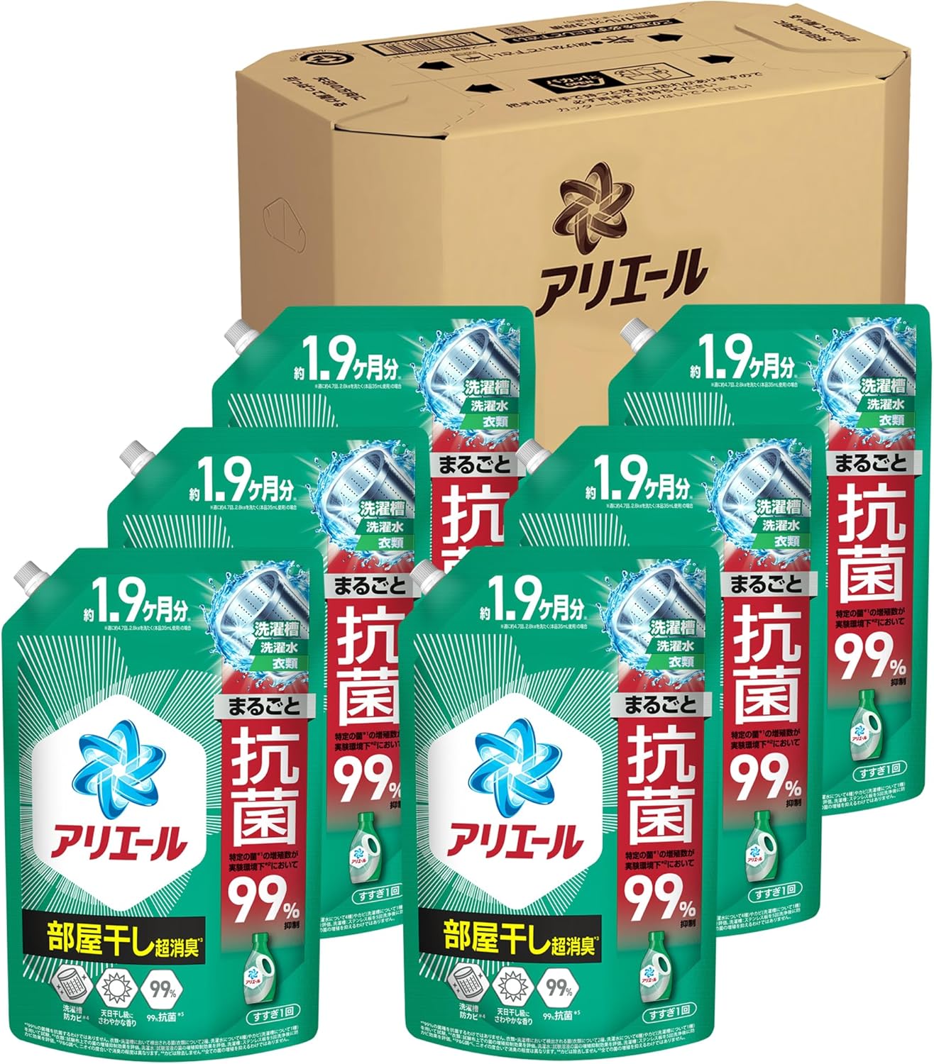 アリエール 洗濯洗剤 液体 超抗菌プレミアム 部屋干し超消臭 天日干し級にさわやかな香り 詰め替え 1400g×6袋 ケース品