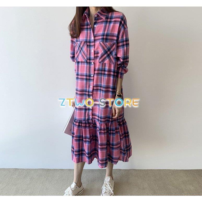 ２色有り ワンピース レディース シャツワンピース 長袖 シャツ襟 チェック柄 ギャザー ロングフリル カラーシャツ ブルー オレンジ カジュアル ガーリー M-4XL