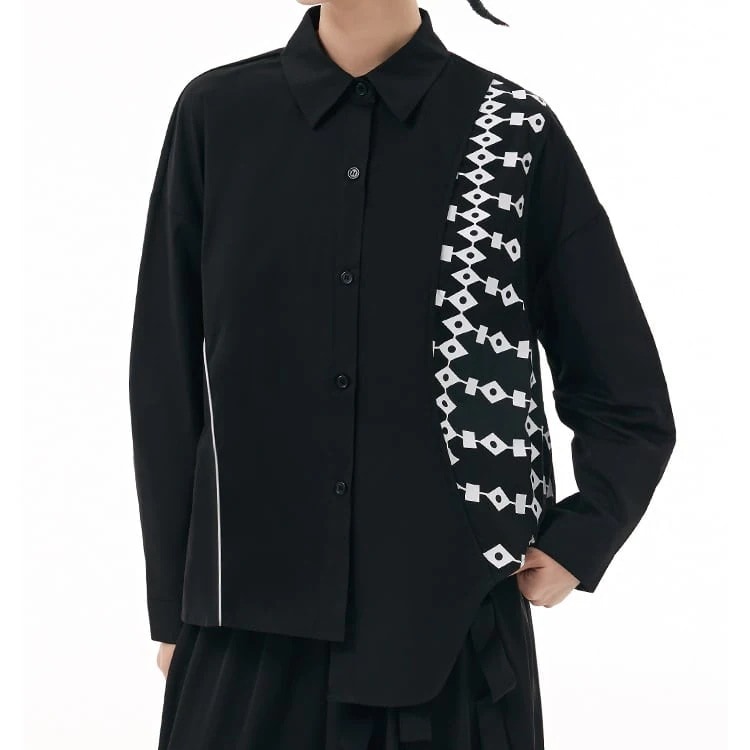 プリントステッチパイピング 長袖 アシンメトリーデザインシャツ 2colorsプレゼント 個性的なデザイン ステージ衣装 演出衣装 イベント こせい 個性 特徴あり 新作 TV 主演 ステージ衣装 舞