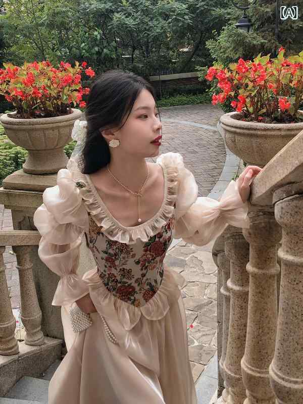 ドレス　パーティー　レディース DAC Huayue Princess 24 春 フランス レトロ 宮殿 スタイル ラウンドネック バブル ロングスリーブ プリンセス ドレス