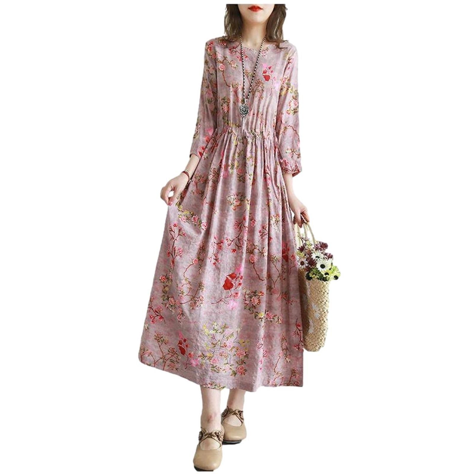 [イヴ エヴァン] 上品 レトロ ワンピース ロング 丈 ワンピ リネン風 ガーリー 総柄 小花柄 七分袖 八分袖 九分袖 清楚 ポケット ポケット有り ポケットあり チュニック 五分袖 ロングオーバ