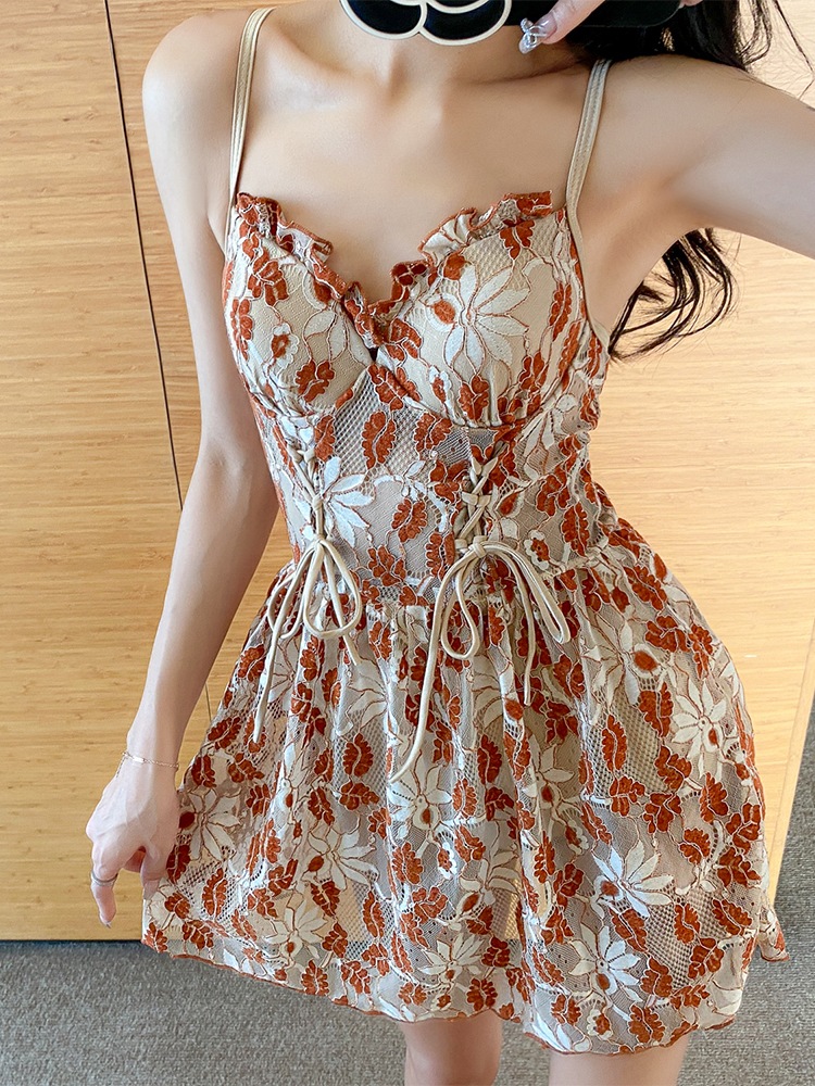 水着 スイムウェア ミニ ミニ丈 ショート ショート丈 袖なし フレア レース かわいい 大人可愛い