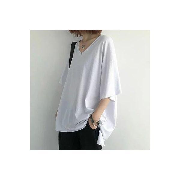 トップス レディース きれいめ カジュアル おしゃれ Tシャツ 薄手 カットソー 袖あり Vネック ミドル丈 半袖 こなれ感 韓国 コーデ ナチュラル ブラック 黒 ホワ