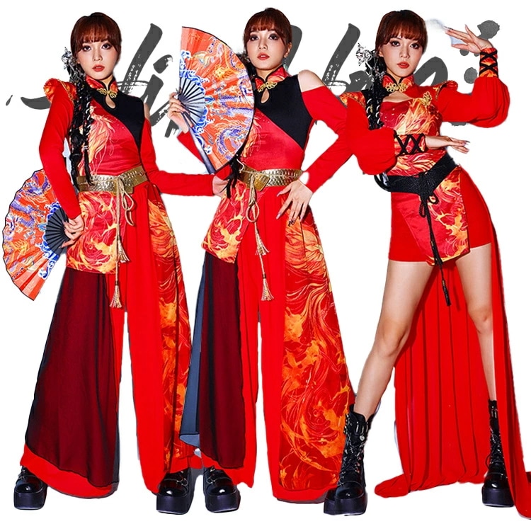 ダンス衣装 レディース 鳥柄 チャイナドレス 中華風 ダンスウェア セットアップ 社交ダンス 大人 ガールズグループ 刺繍入りドレス ジャズダンス ヒップホップ 中華娘 セクシー k-pop AZZ