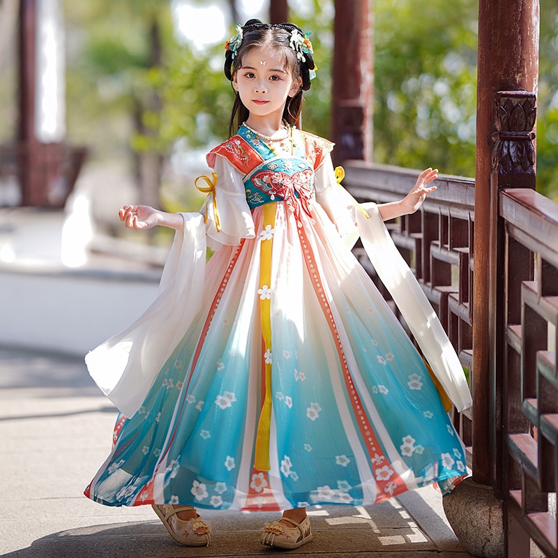 ハンフガール夏アンティークスーパー妖精唐スーツ夏の女の子夏スタイル2024子供スタイルの古代の衣装 r n1001-8877 ブルー [ヘアピン送信] r n1002-8877ブルー+シルクスカーフ[
