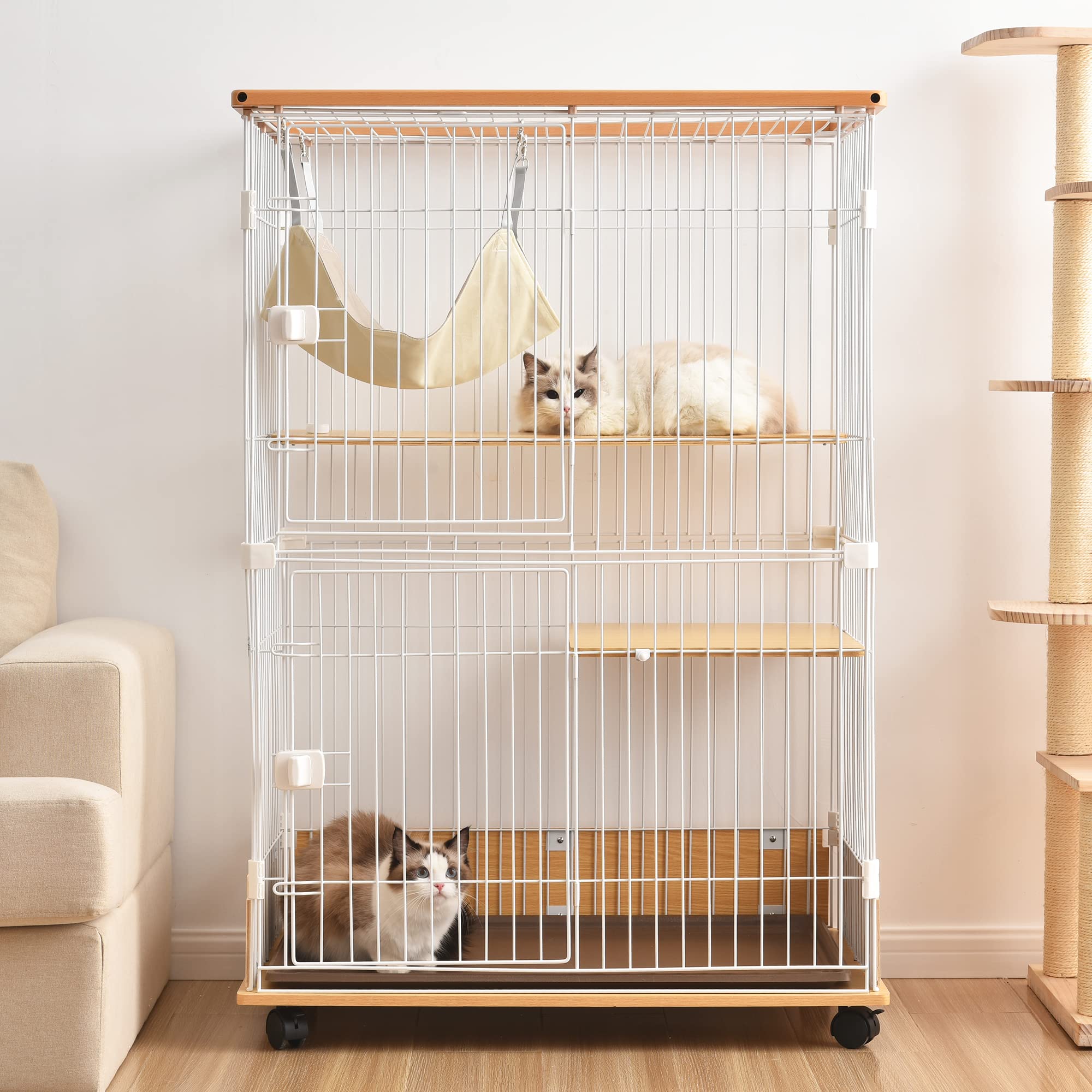 BTM 猫 ケージ キャットケージ 2段 幅広設計 自由組み合わせ 猫ドア付き ハンモック付き トレー付き 大型 猫ケージ キャットハウス ペットケージ 留守番 保護 脱走防止 多頭飼い おしゃれ