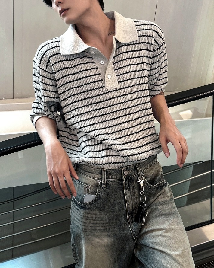 [COSYHARU公式]lewen stripe collar short-sleeved knit