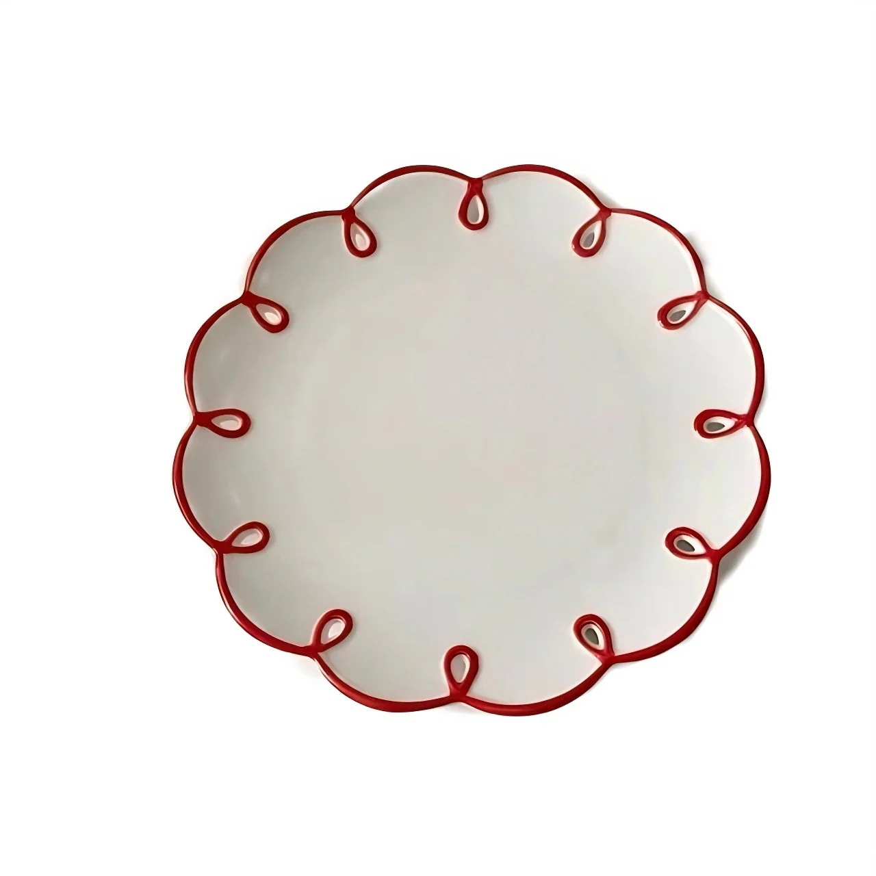 【1つ買うと10つ無料】レトロラインプレート フリル 可愛い 赤 かわいい 花柄 レッド コップ お皿 ディッシュプレート 食器