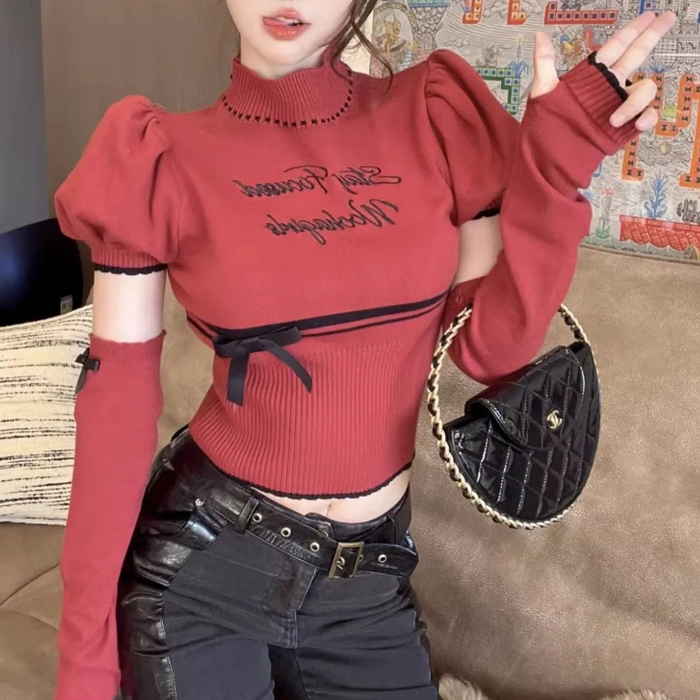 ニット プルオーバー レディース 半袖 長袖 パフスリーブ ハーフタートル 細身 切り替え リボン リブ かわいい 大人可愛い おしゃれ レトロ ガーリー ルーズ 個性的 主役級 ラブリー キュート