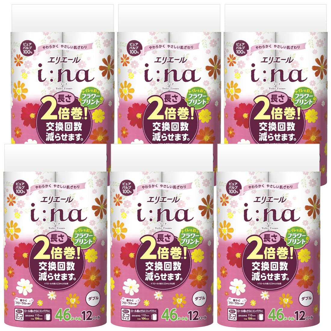 エリエール トイレットペーパー i:na(イーナ) フラワープリント 2倍巻き 46m×72ロール (12ロール×6パック) ダブル パルプ100% 華やぐフローラルの香り【ケース販売】