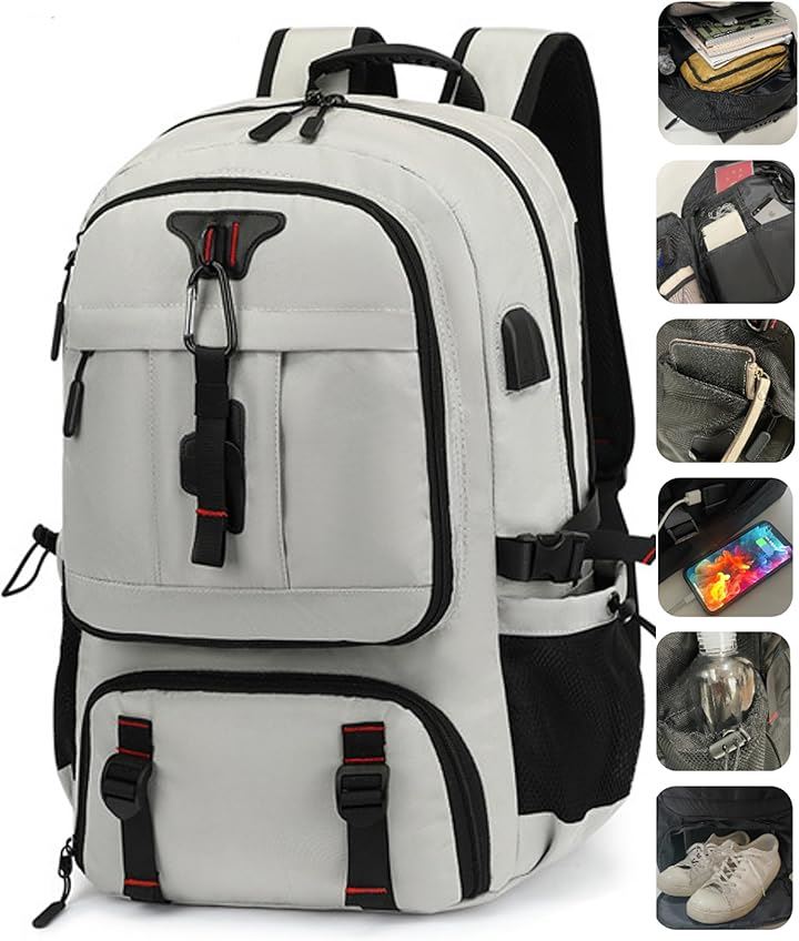 おしゃれ女子の大容量リュック 65Lx多収納xシューズ収納x17インチPC対応xUSB給電口 防災バッグ 通勤・旅行・ママバッグにも(ライトグレー)