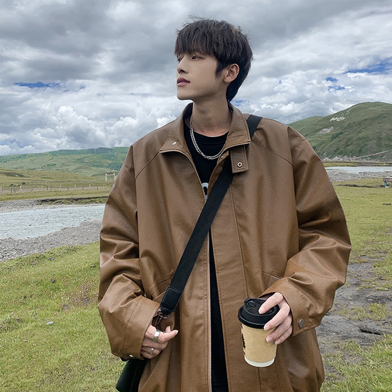 アメリカのレトロなバイカーの革ジャケットの男性2023春と秋の新しいデザインpuレザーのカップル緩いトップジャケット 6,341円