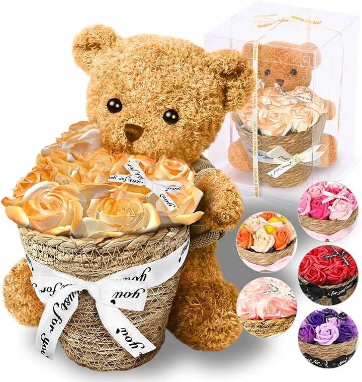 ソープフラワー 誕生日プレゼント くまさんとバラ クマのぬいぐるみ 敬老の日 女性 人気 クリスマス ForeverFlowers(アプリコット)