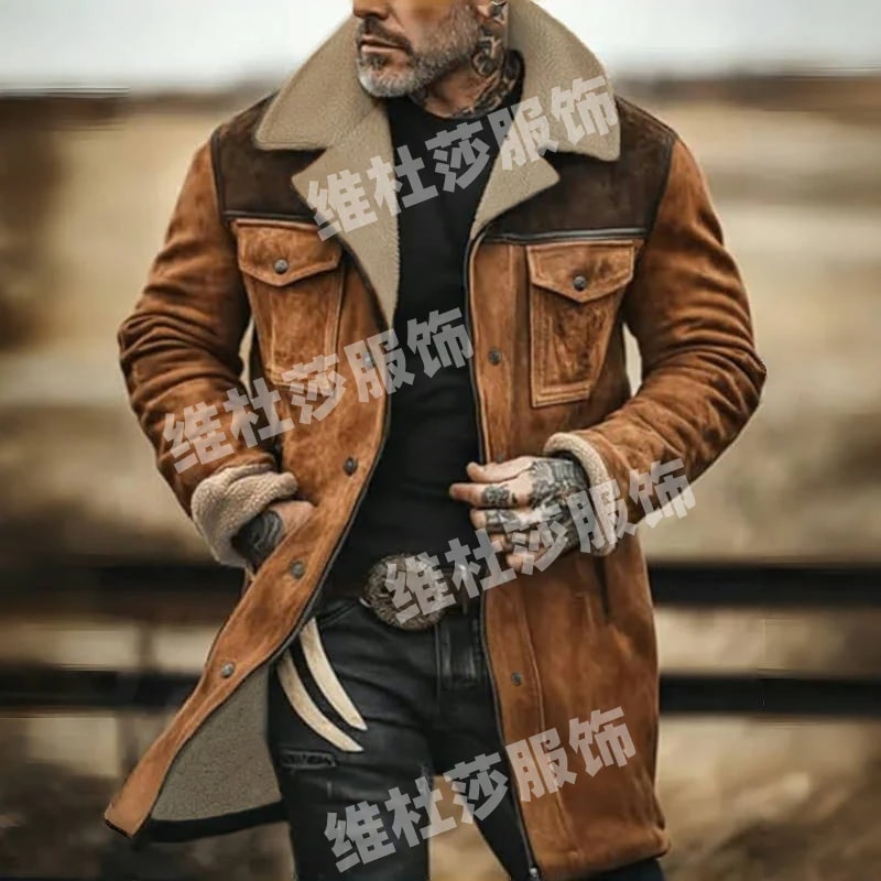 メンズ 秋冬 厚手 ロング スエード ジャケット カラーブロック ジッパー付き