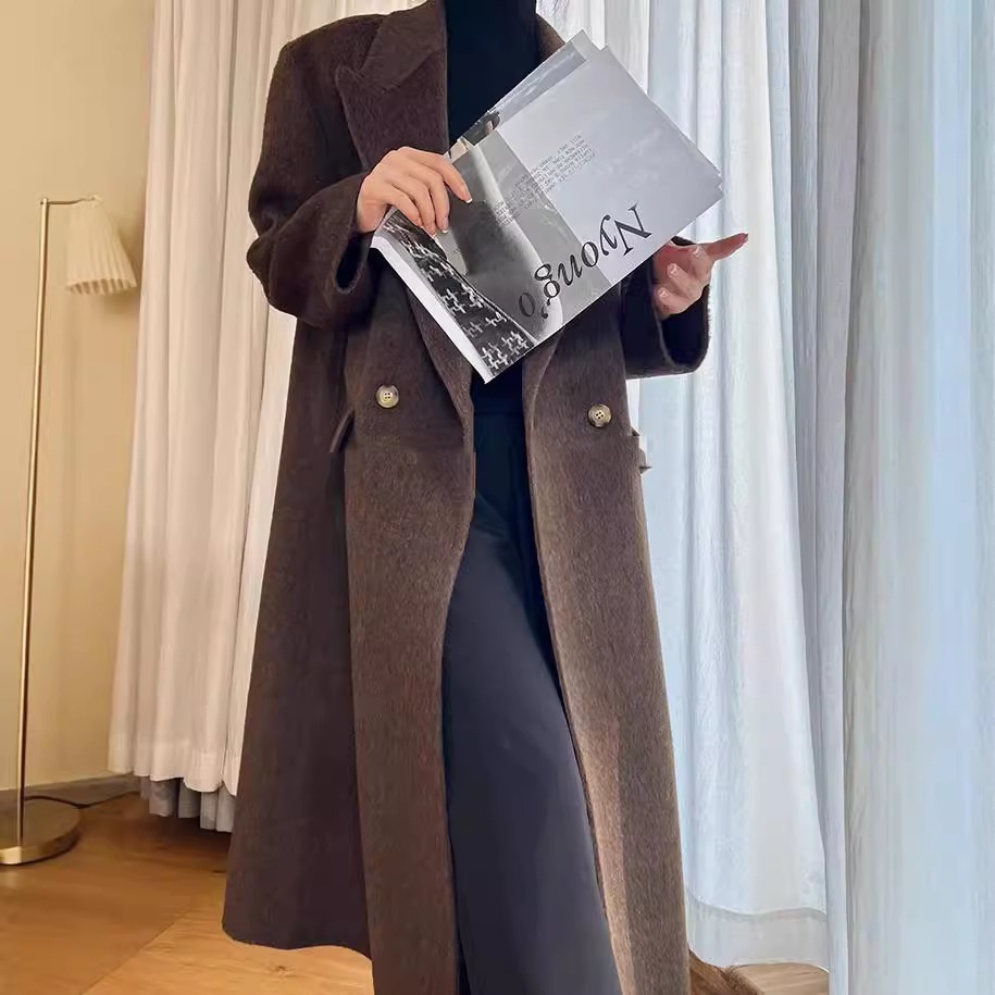 ウール 両面ウールショルダーコート レディース ロングスーツ衿 肩パッド入り 肉厚ロングウールカシミヤコート 両面