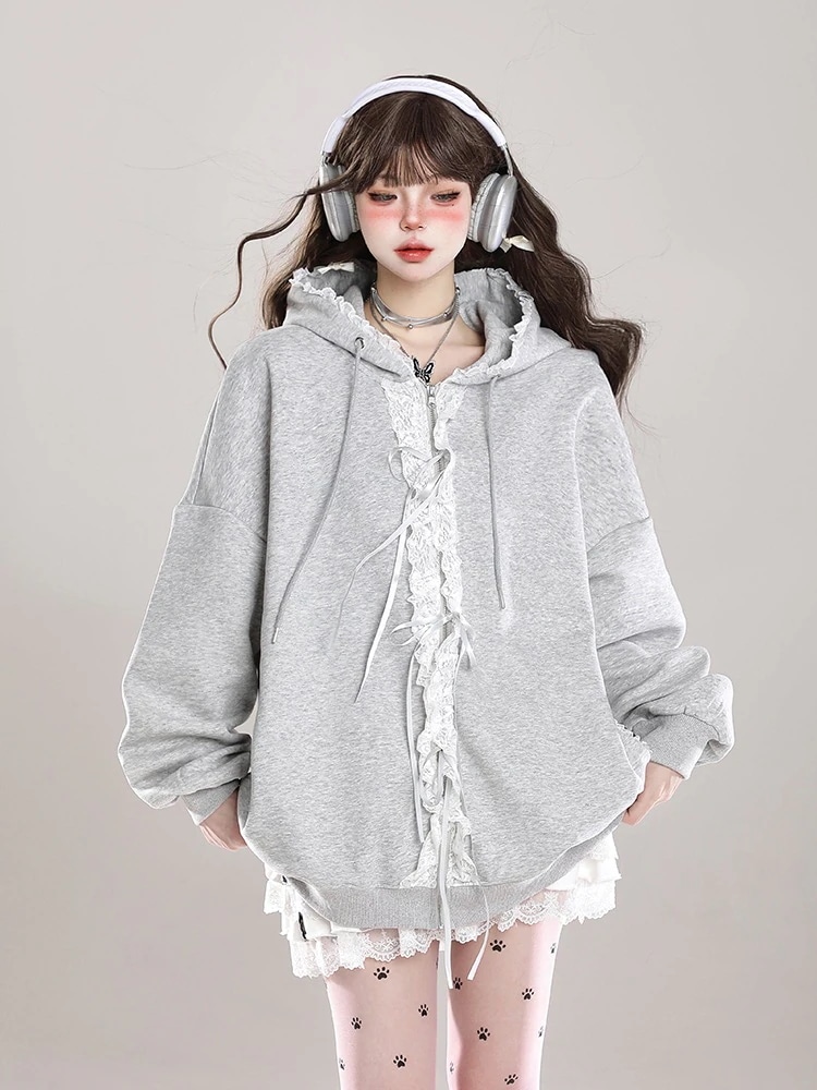 秋冬トップスかわいい 異素材パーカーフード付き韓国風プリント長袖細見え白黒おしゃれレトロシルエット大人っぽ韓国フルサイズファッション系ルーズレディースサイド学生通学トラック羽織り