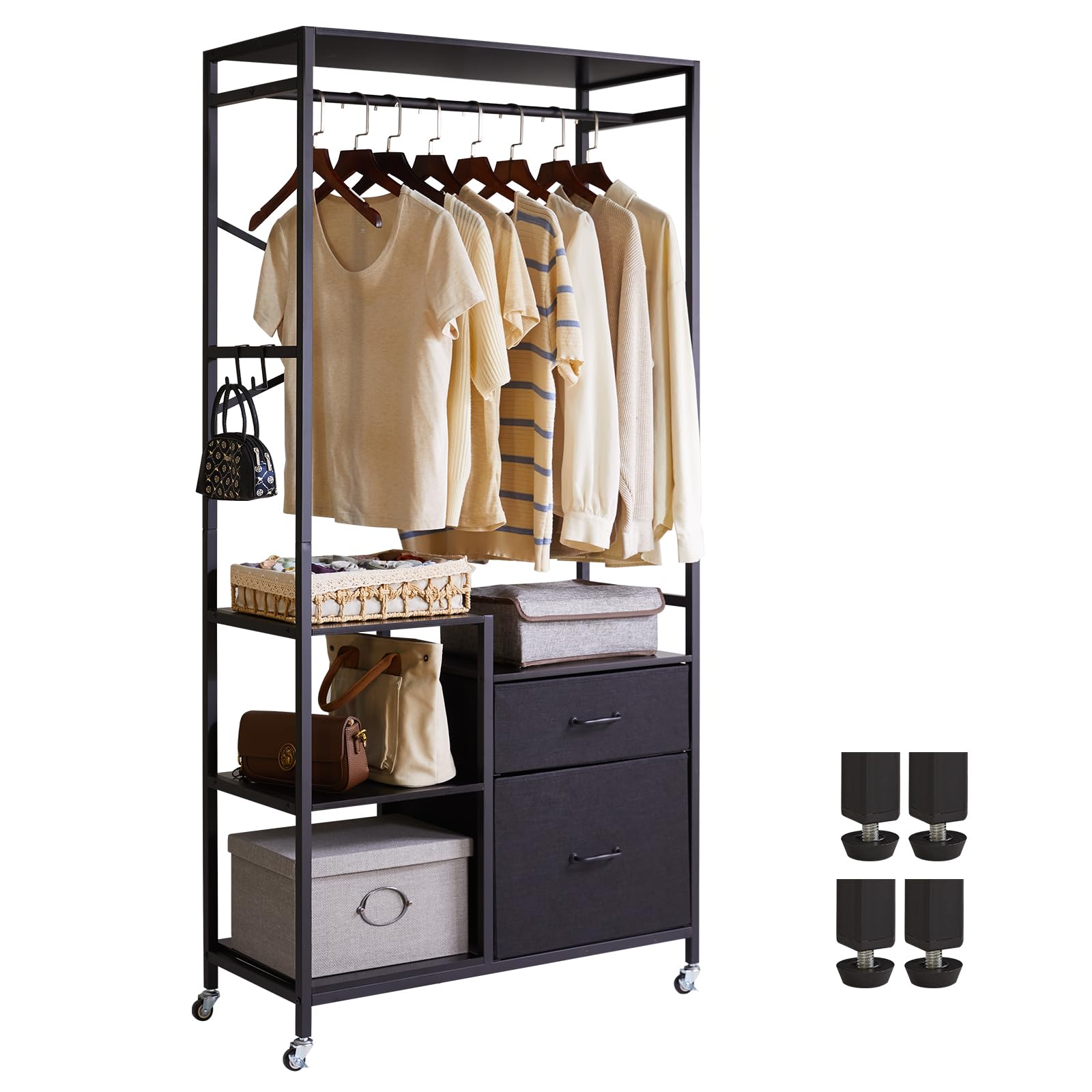 ハンガーラック 棚付き 引き出し付き ハンガーシェルフ 洋服掛け スタンド 4段 頑丈 服収納ラック 衣架 幅84×奥行35×高さ170cm 組み立て簡単 ブラック YD-TM080B