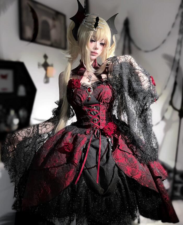 暗黒風 ロリータ ワンピース 女性 ハロウィン コスプレ衣装 ゴスロリ ローズ ジャカード花柄 イレギュラー裾 レースフレア袖 セクシー 燕尾 キャミソールドレス レースアップ 背中大リボン