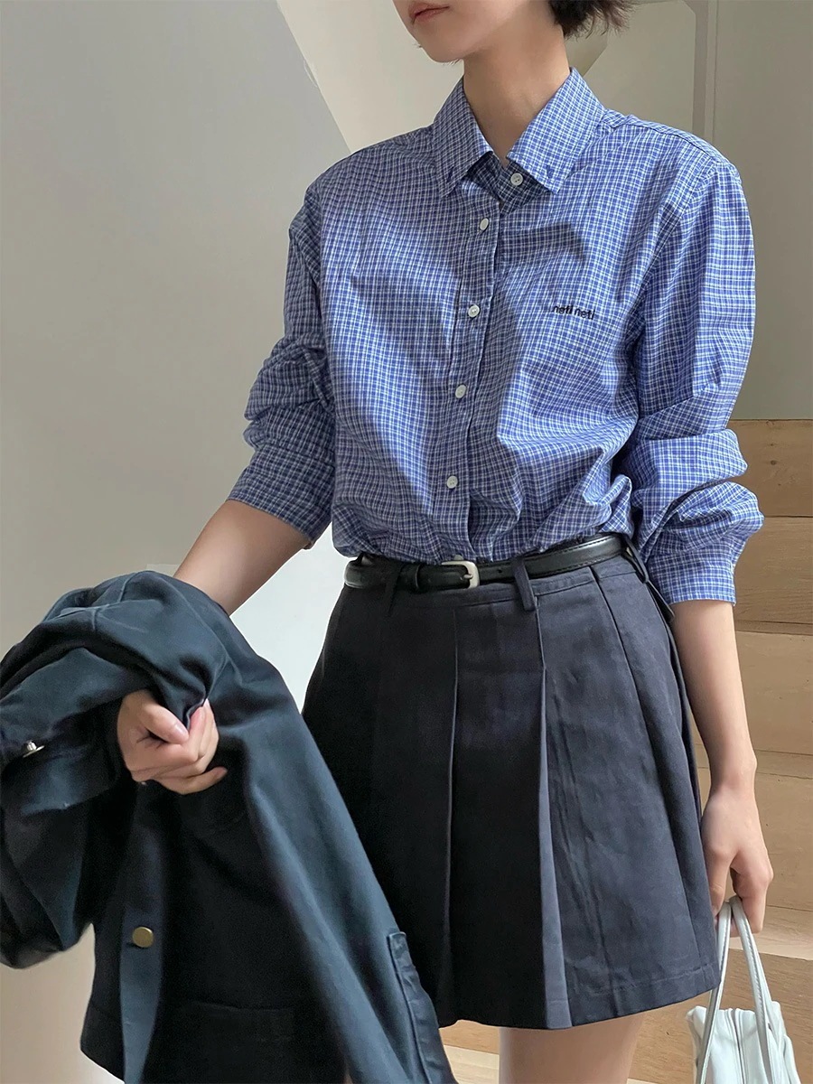 ファッショナブルな知的ラペル格子縞のシャツ女性秋の新しいシャツ潮