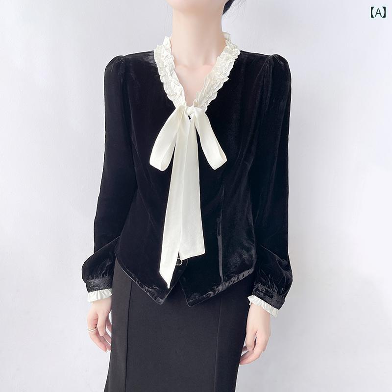 ブラウス フレンチスタイル ブラック 暖かい シャツ レディース 秋冬 バイカラー 切り替え リボン ボウタイ トップス フリル パフスリーブ