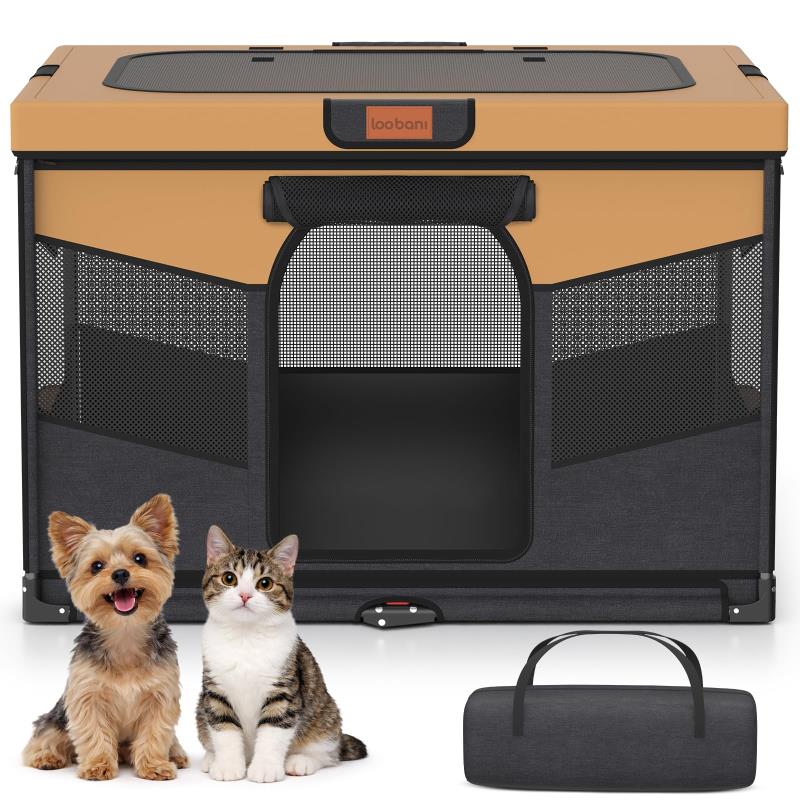 LOOBANI 折りたたみ式 ペットサークル 収納バッグ付き 組み立て不要 猫 犬用 ケージ 持ち運び コンパクト アウトドア 旅行 災害対策 室内 屋外 (ブラウン)