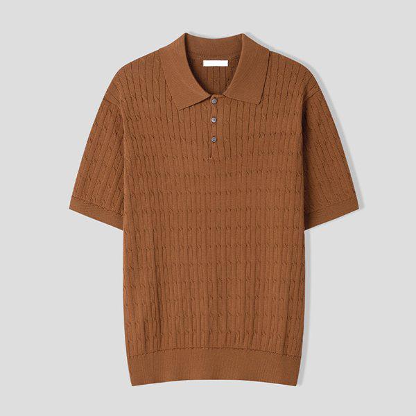 メンズベーシックケーブルカラーネック半袖ニットTシャツ AS-KNH-Q013-アンバーブラウン