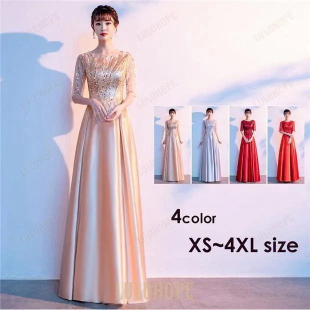 パーティードレス ロングドレス 演奏会 袖あり ラウンドネック 成人式 カラオケドレス 大人 ピアノ 発表会 Aライン ステージドレス30%までに制限